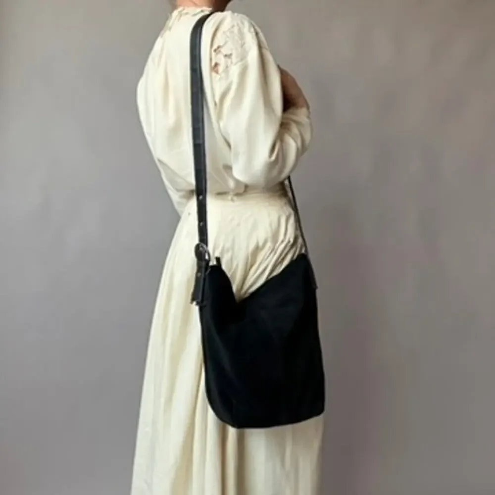 Vintage Faded Glory Genuine Suede Bucket Bag - Black
